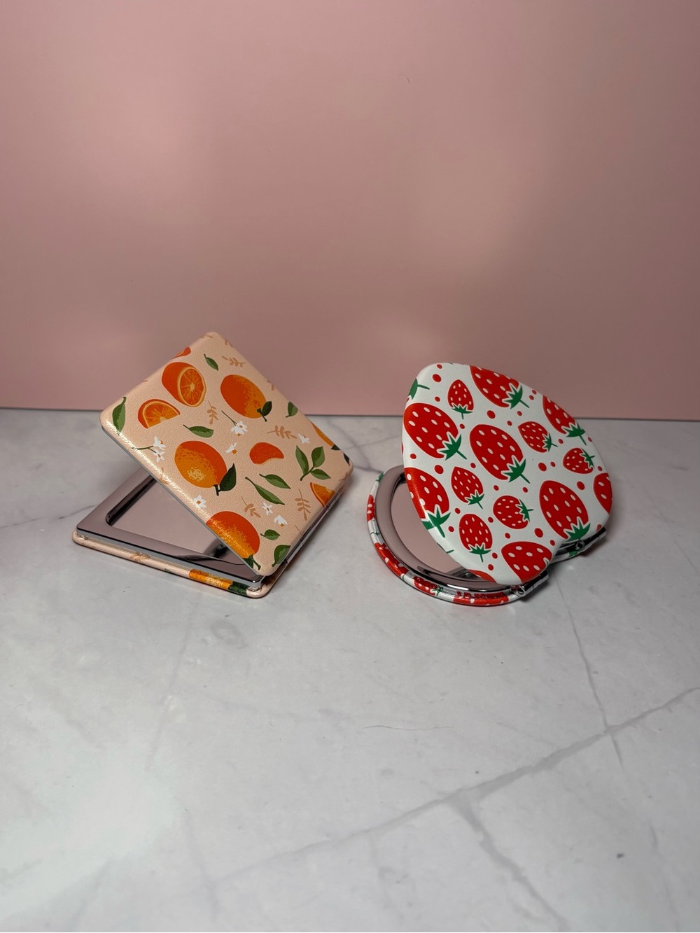 🍊🍓 Compact Mirrors - Orange & Strawberry Prints